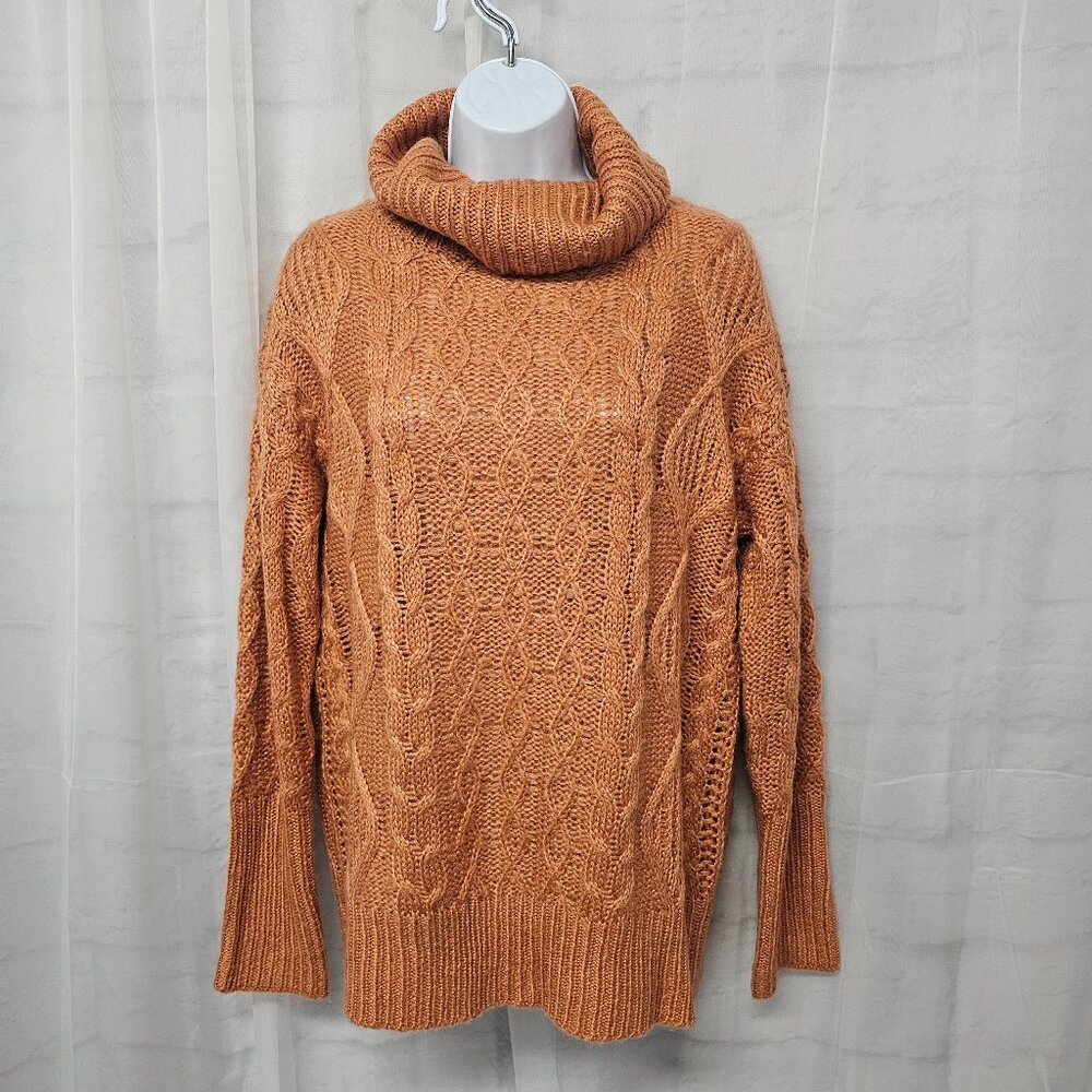 Orange Cable Knit Turtleneck Sweater Boho Casual Comfy S